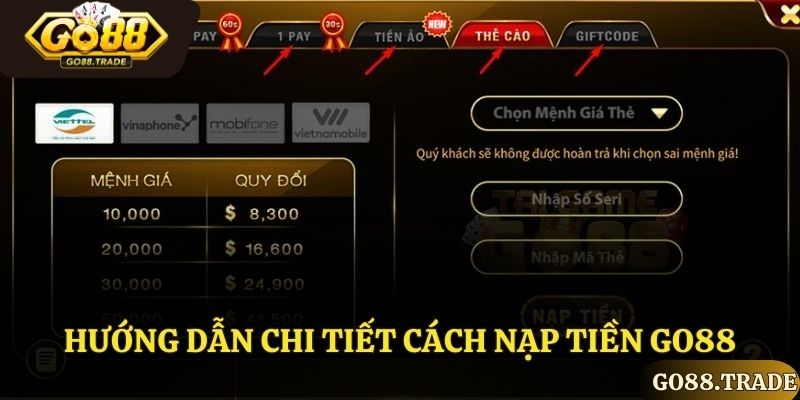 Các hình thức nạp tiền Go88